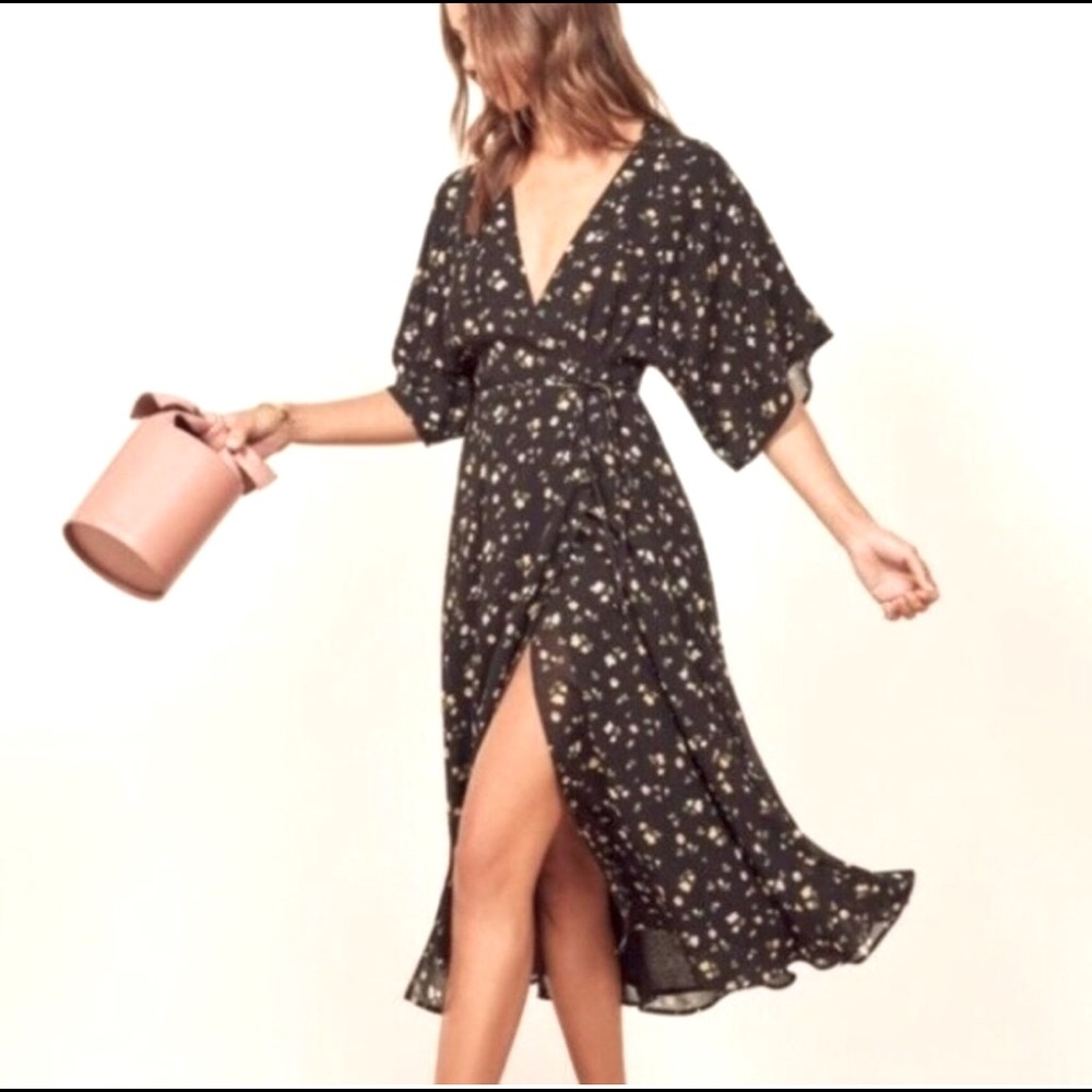 Reformation Karen Kimono Wrap Dress Size- S Black Floral